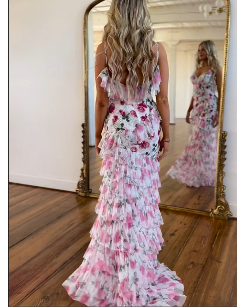 2024ss sexy halter deep V plant print dress