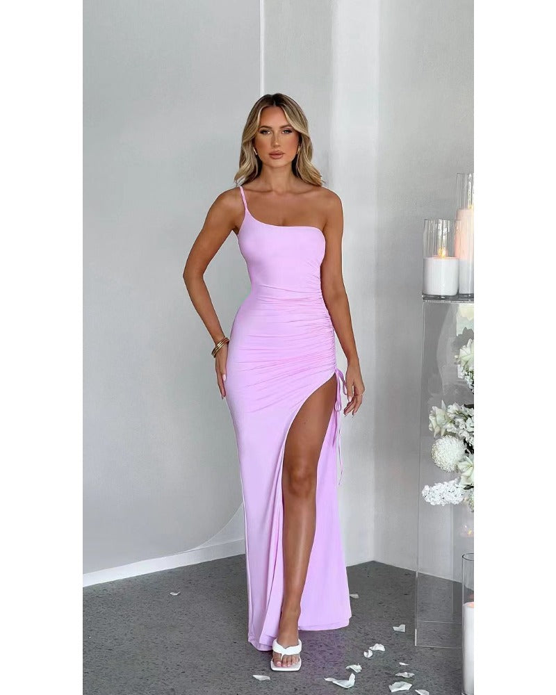 2024ss sexy slant shoulder split dress