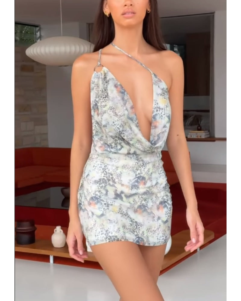 2024ss sexy neckline deep V print dress