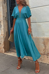 Keep It Classic Gold Trim Elastic Waist Ribbon Midi Dress
