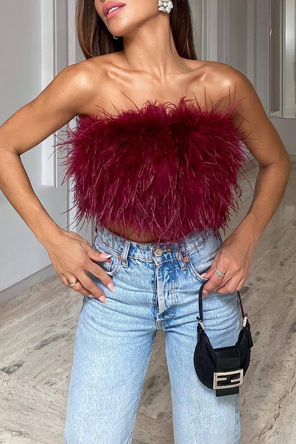 Fancy Night Out Off Shoulder Feather Crop Top