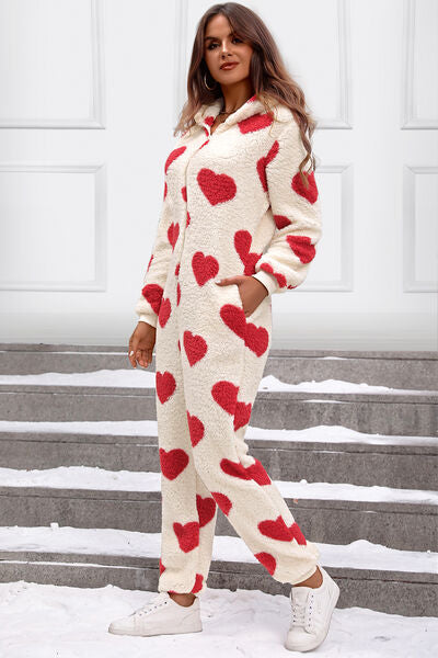 Fuzzy Heart Lounge-Overall mit Reißverschluss und Kapuze