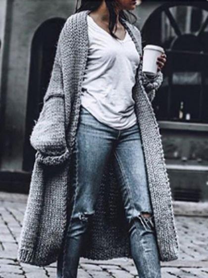 Gray Open Front Batwing Sleeve Chunky Longline Cardigan