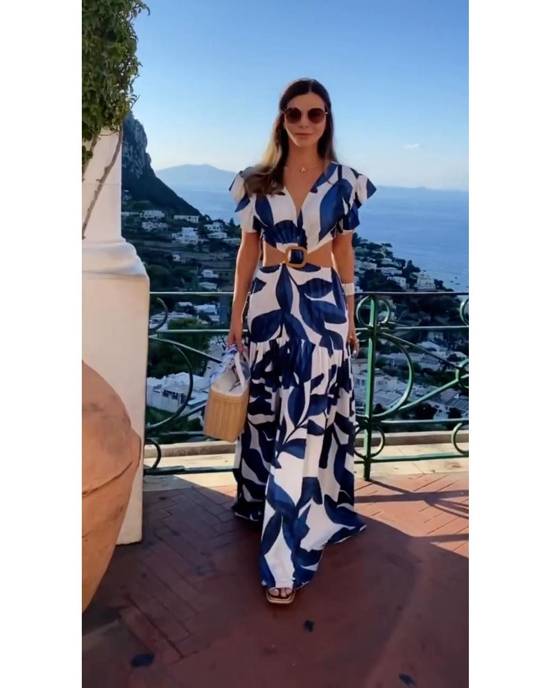 2024ss sexy print deep V hollow beach dress