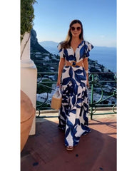 2024ss sexy print deep V hollow beach dress
