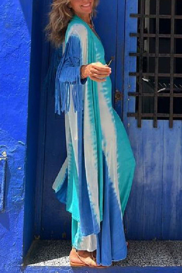 Song of The Vagabond Tie-dye Print Open Front Tassel Duster Cover-up