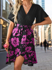 Tied Printed Surplice Short Sleeve Dress
