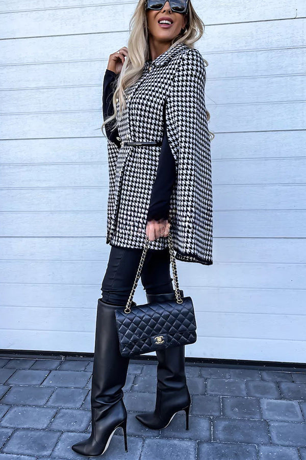 Paris Chic Houndstooth Print Metallic Double-breasted Cape Coat