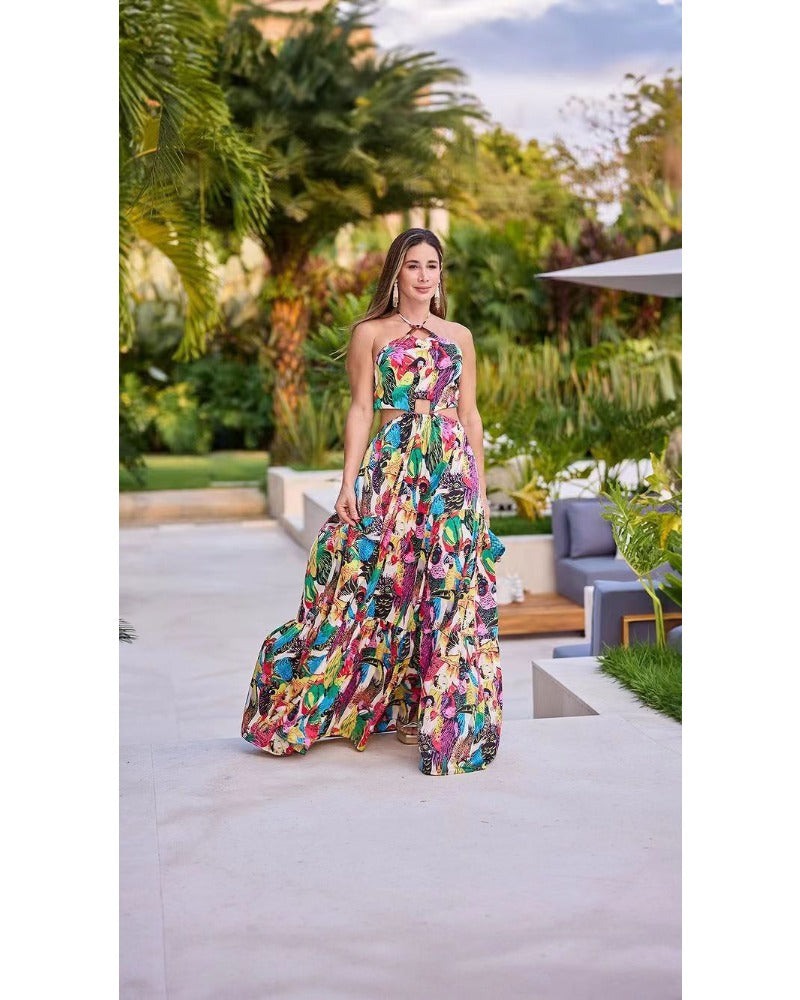 2024ss sexy halter waist waist print dress