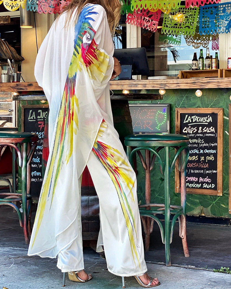 Holiday Wind Parrot Contrast Color Printed Cardigan + Casual Printed Trousers Ladies Set