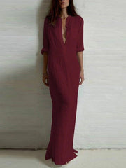 Simple Ramie Cotton Solid Modern Color Split-Side Maxi Dress