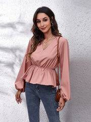 Bluse mit V-Ausschnitt, Ballonärmeln und Schößchen