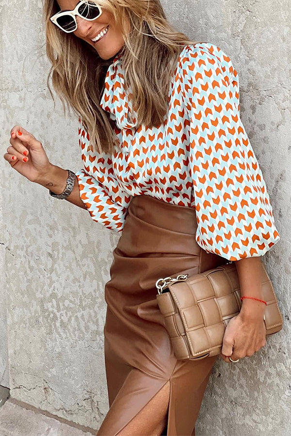Ivanna Geometric Print Tie Puff Sleeve Blouse