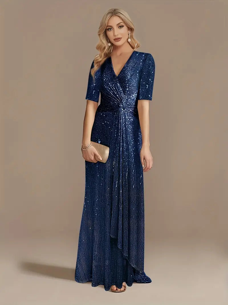 Royal Blue Twist Sequin Short Sleeve Party Prom Dress