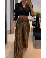 Autumn deep V long sleeve + bloomers suit women