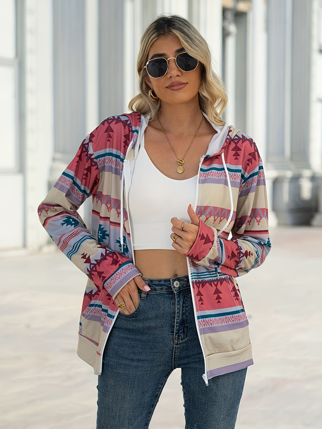 Geometrische Langarm-Kapuzenjacke mit Reißverschluss