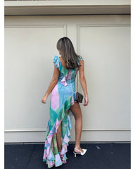 2024ss sexy halter print ruffled dress