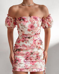 Sexy quadratischen Kragen Blase Ärmel Tau Schlüsselbein Temperament Slim-Fit zeigen dünne plissierte Blumen Tasche Gesäß Kleid 