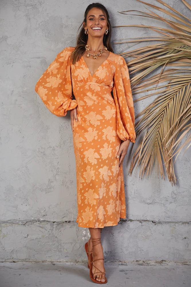 Orange Floral Long Sleeves Midi Dress