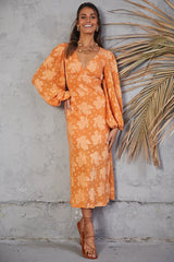 Orange Floral Long Sleeves Midi Dress