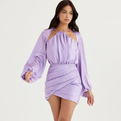 Ruched Balloon Sleeve Lapel Modern Collar Crop Blouse - Apricot