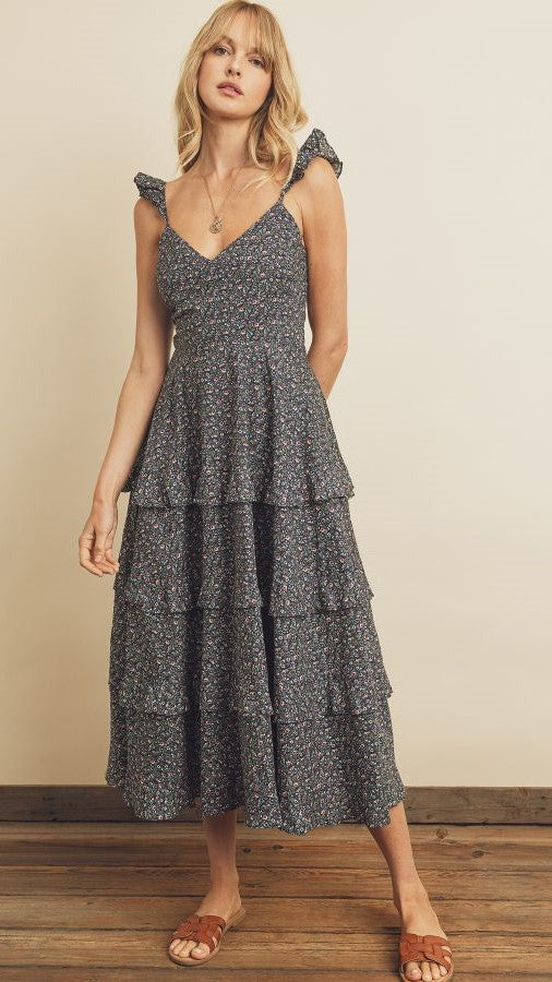 Navy Floral Sleeveless Midi Dress