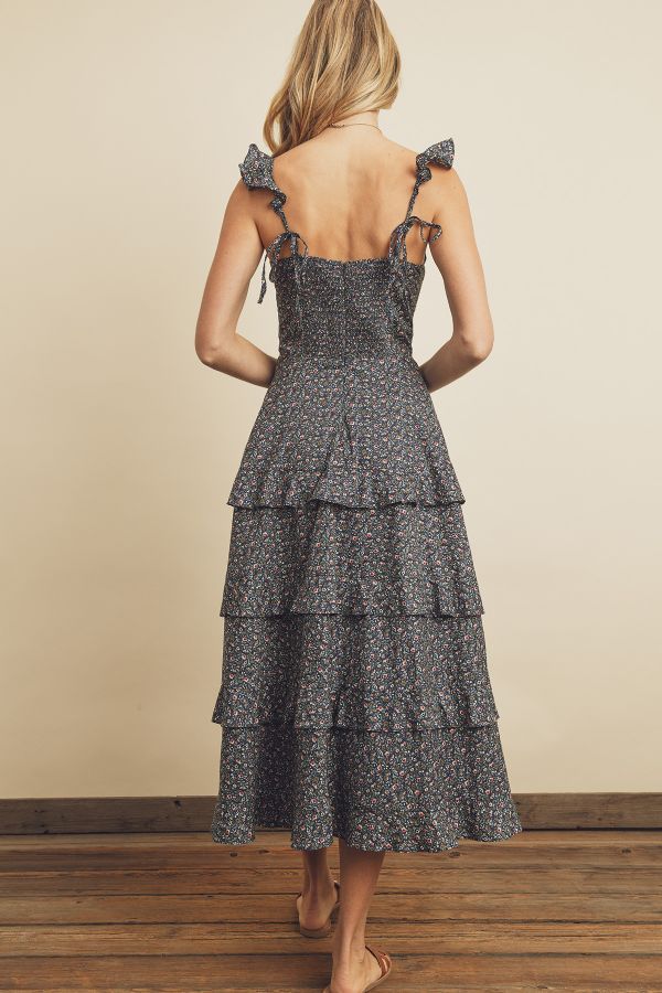 Navy Floral Sleeveless Midi Dress