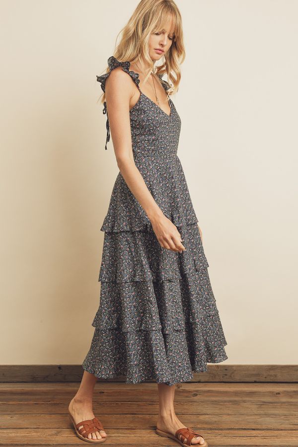 Navy Floral Sleeveless Midi Dress