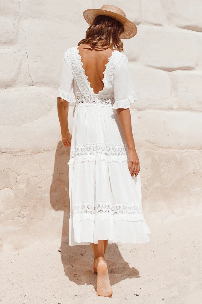 White Solid Lace Paneled Midi Dress