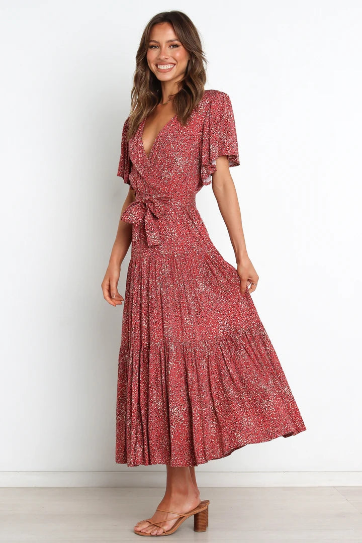 Burgundy Floral Knot Wrap Dress