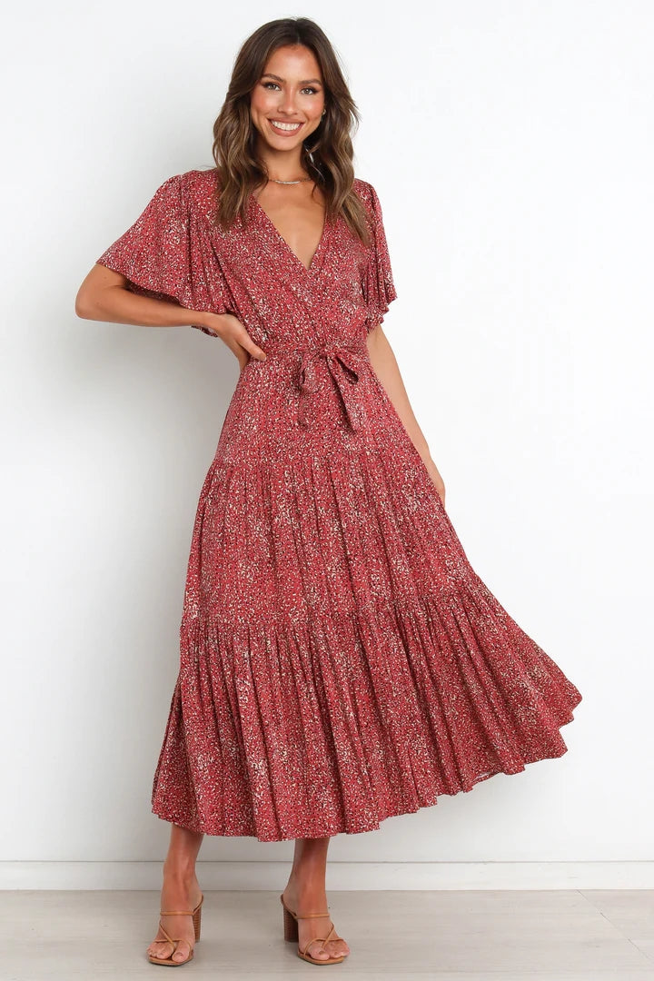 Burgundy Floral Knot Wrap Dress