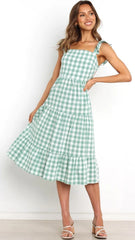 Green Gingham Print Midi Dress