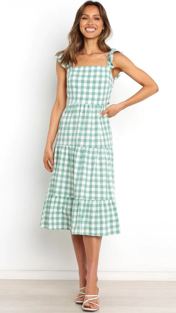 Green Gingham Print Midi Dress