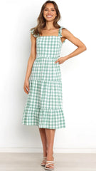 Green Gingham Print Midi Dress