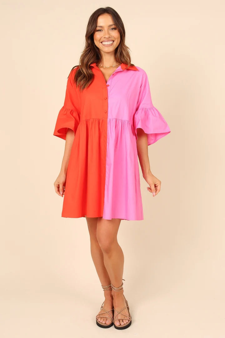 Red Color Block Shirt Dress