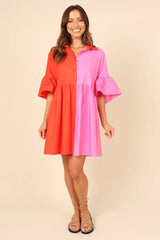 Red Color Block Shirt Dress