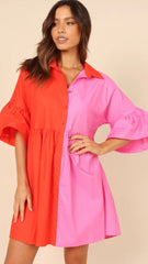Red Color Block Shirt Dress
