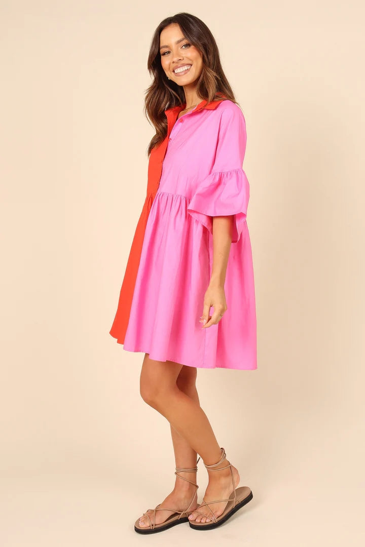 Red Color Block Shirt Dress