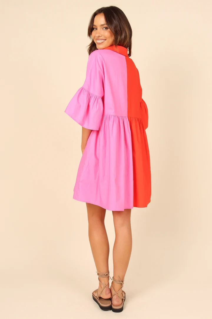 Red Color Block Shirt Dress