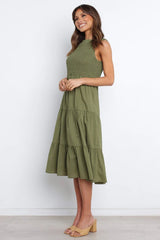 Olivgrünes gestuftes ärmelloses Midikleid