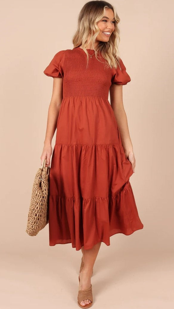 Brown Tiered Short Sleeves Midi Dress