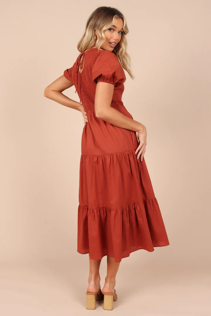 Brown Tiered Short Sleeves Midi Dress