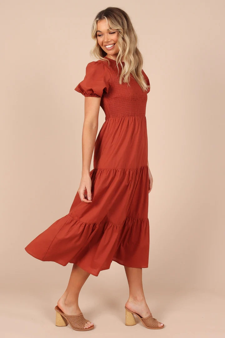 Brown Tiered Short Sleeves Midi Dress