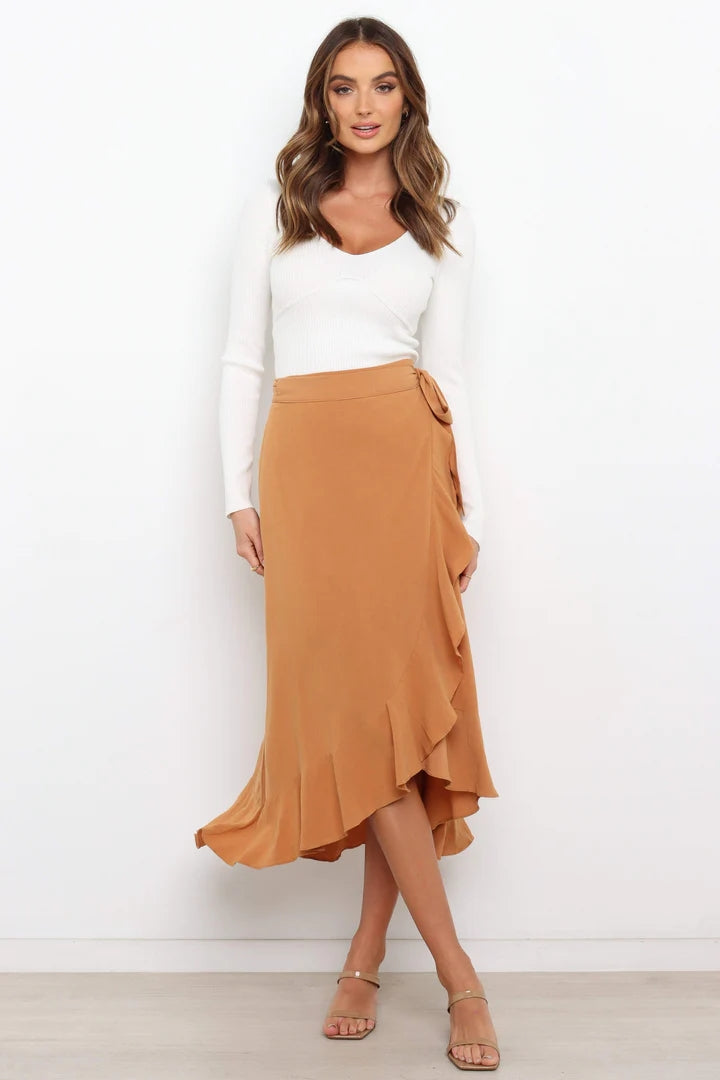 Tan Ruffle Tulip Midi Skirts