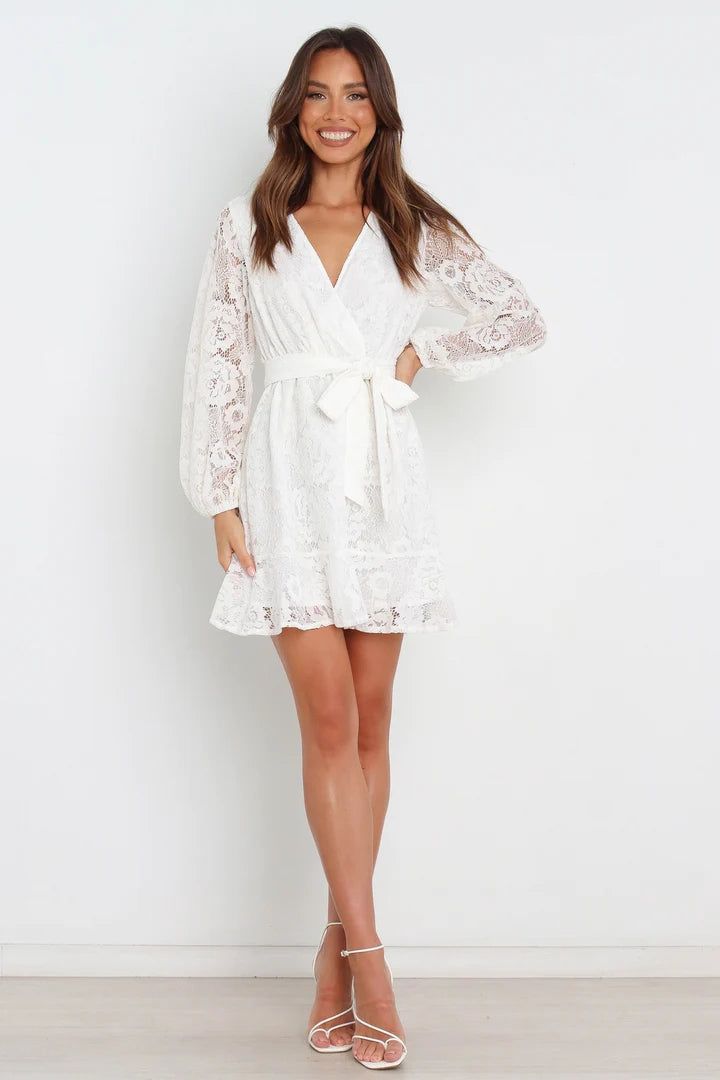 White Lace Long Sleeves Mini Dress