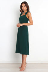 Olive Green Shoulder-Tie Midi Dress
