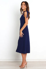 Navy Shoulder-Tie Midi Dress