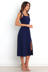 Navy Shoulder-Tie Midi Dress