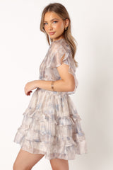 Rina Tiered Mini Dress - Beige Blue Floral