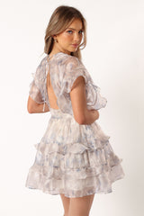 Rina Tiered Mini Dress - Beige Blue Floral